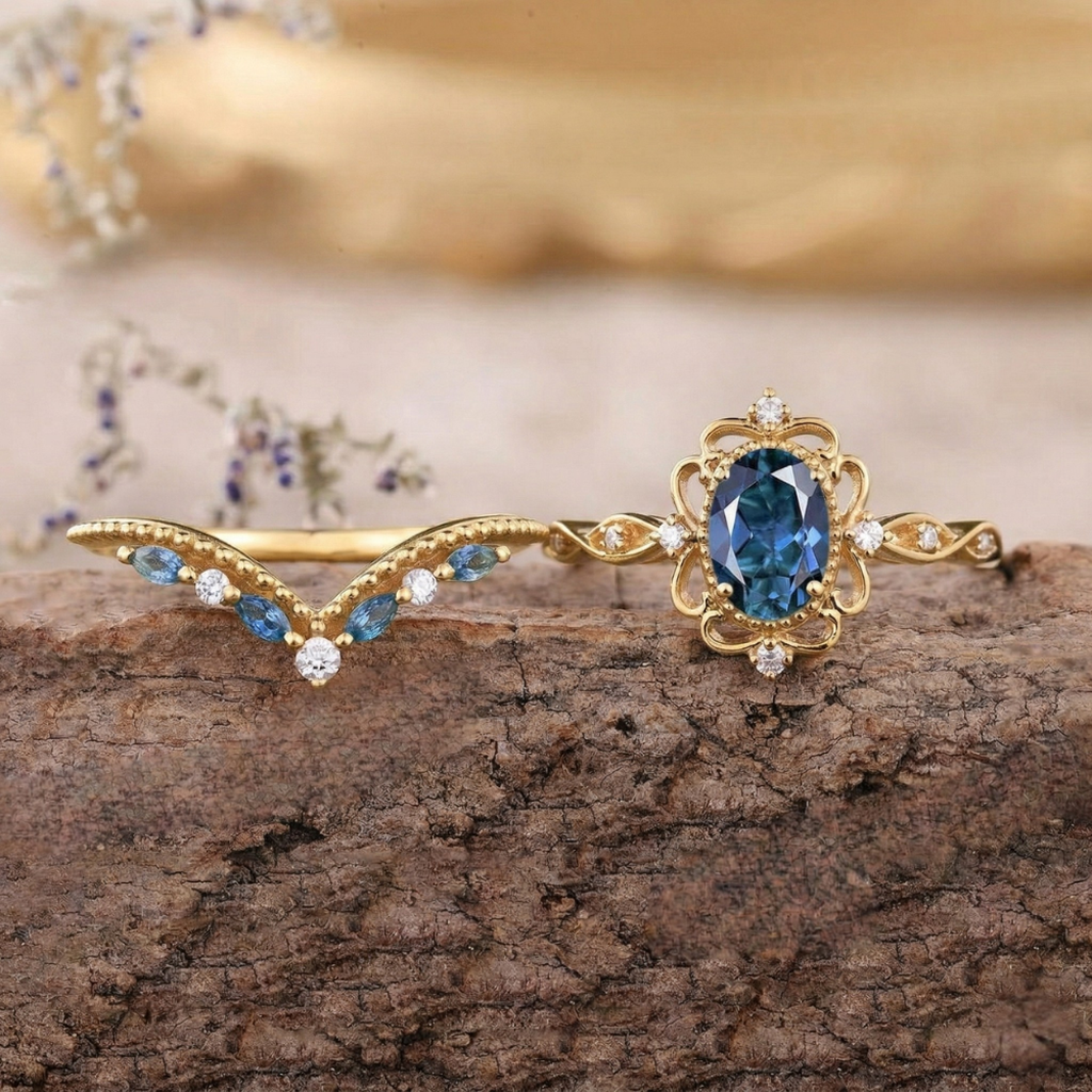 Set de anillos corona Azelia azul zafiro · Dorado