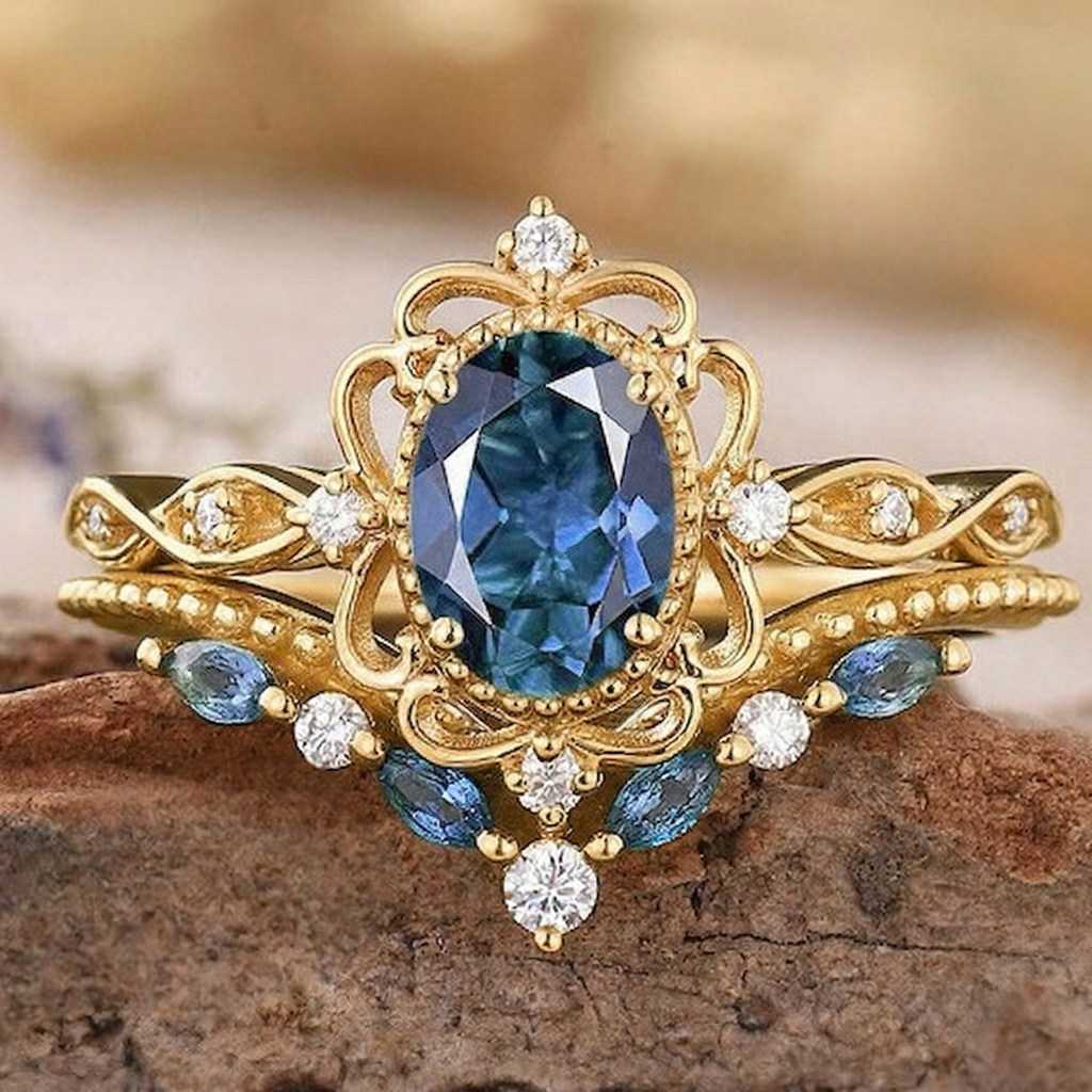 Set de anillos corona Azelia azul zafiro · Dorado