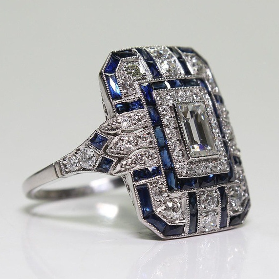Anillo art déco azul con brillos