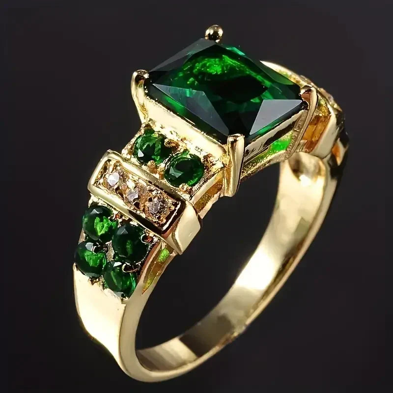 Anillo rectangular verde esmeralda · Dorado