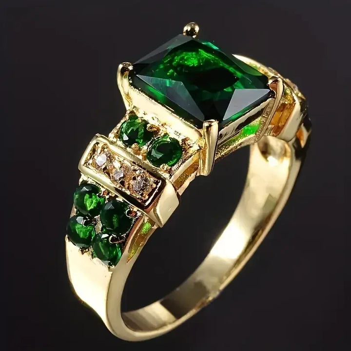 Anillo rectangular verde esmeralda · Dorado