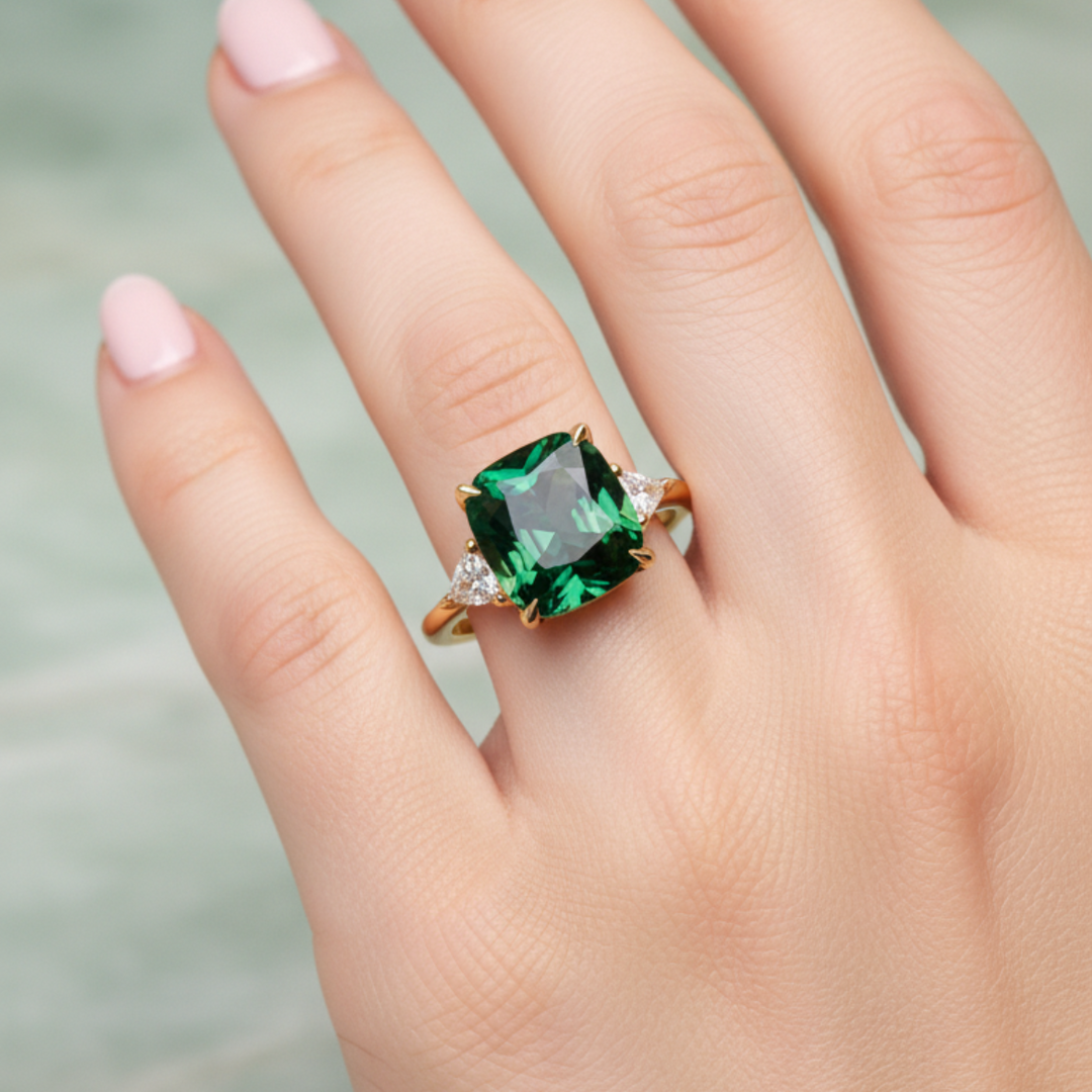 Anillo cuadrado verde esmeralda · Dorado