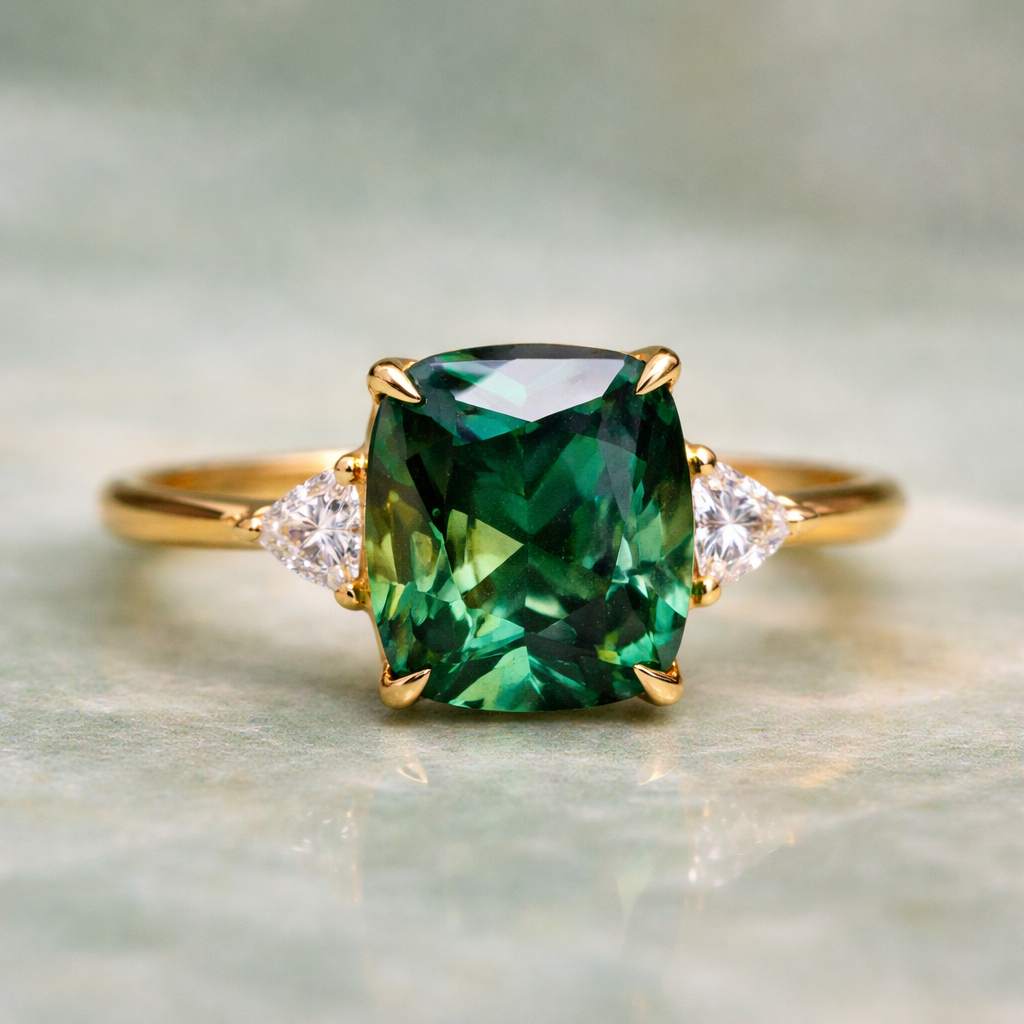 Anillo cuadrado verde esmeralda · Dorado