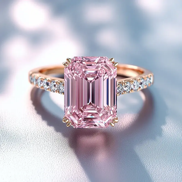 Anillo rectangular rosa con brillos · Rosado