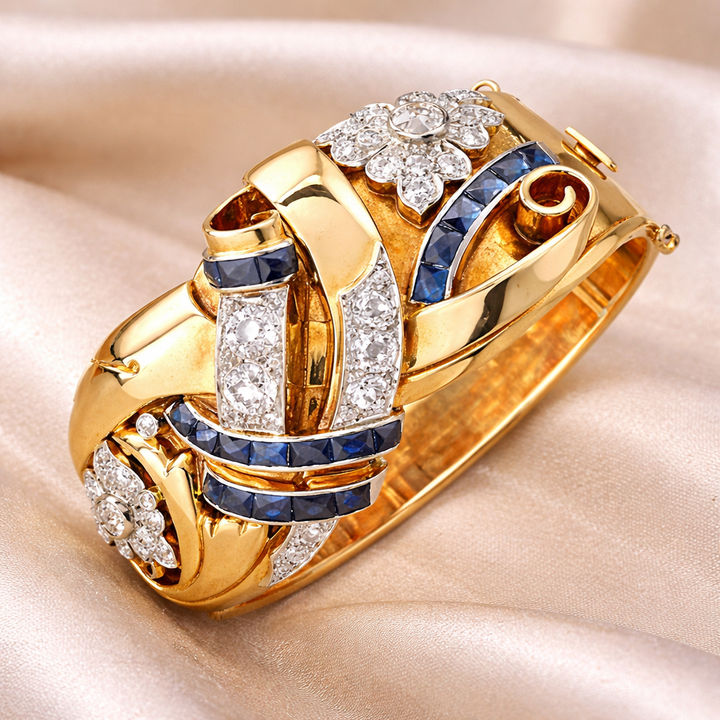 Anillo retro con brillos azules · Dorado