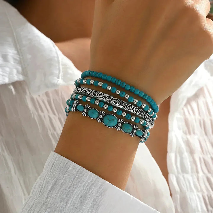 Set de pulseras boho turquesa · Plateado