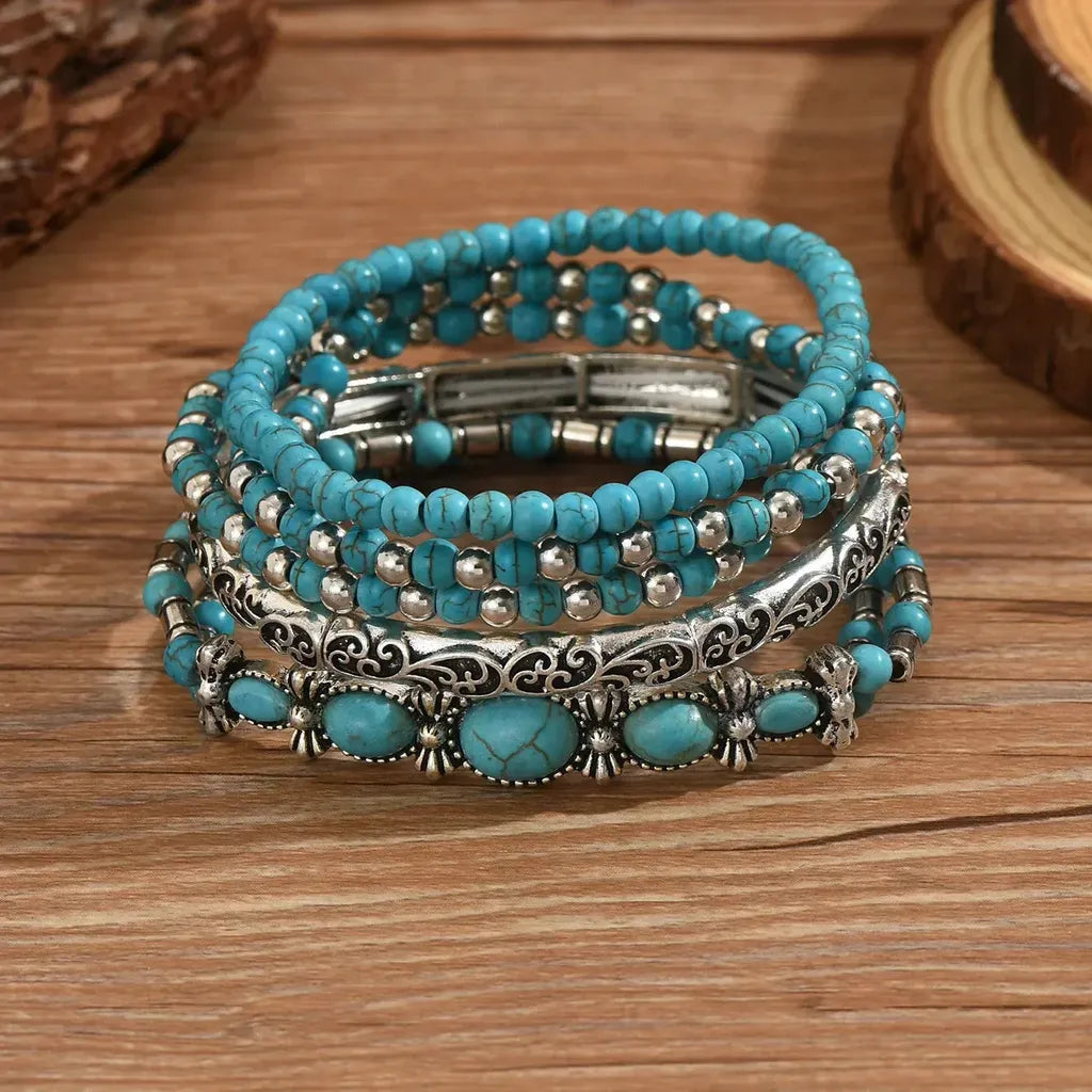 Set de pulseras boho turquesa · Plateado