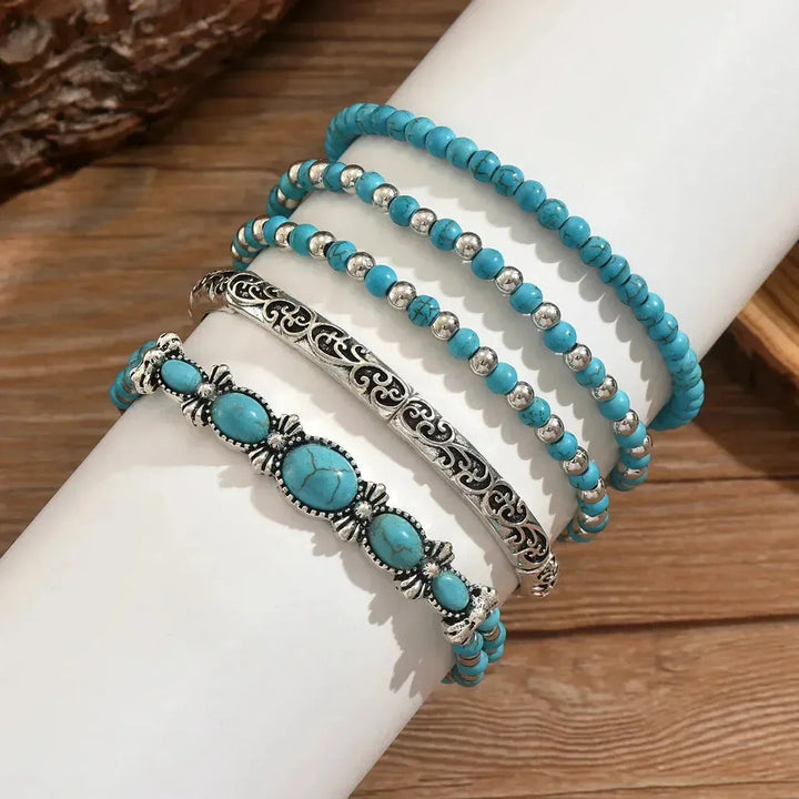 Set de pulseras boho turquesa · Plateado