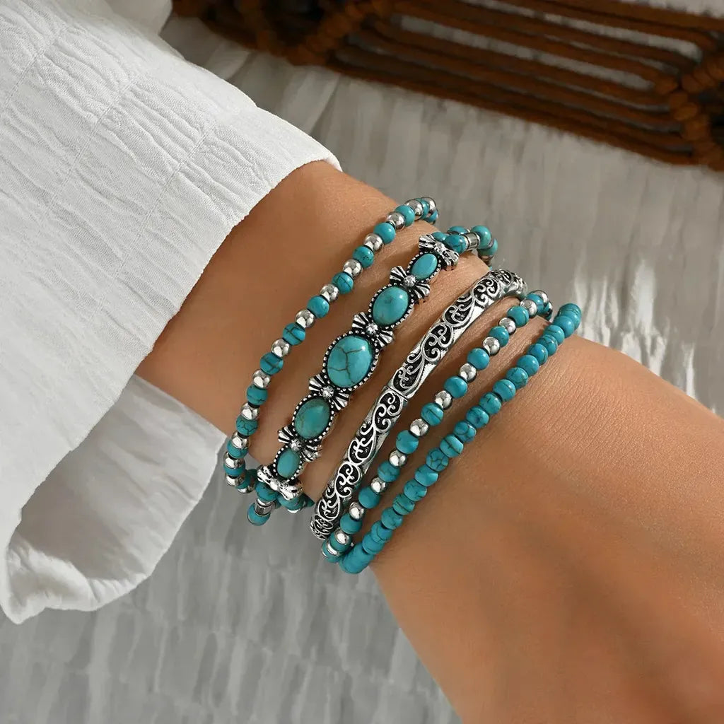 Set de pulseras boho turquesa · Plateado