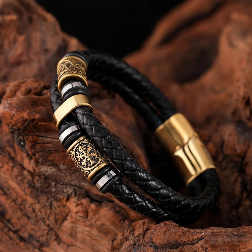 Pulsera de cordón trenzado negro y dorado