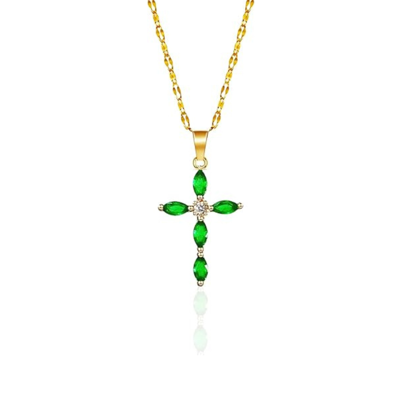 Collar de cruz verde esmeralda · Dorado