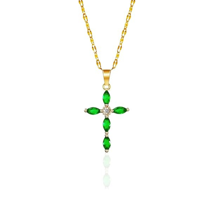 Collar de cruz verde esmeralda · Dorado