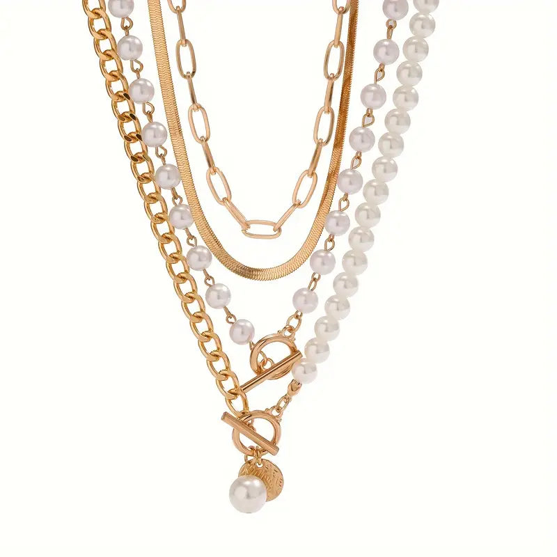 Collar vintage de cuentas perladas y cadena · Dorado