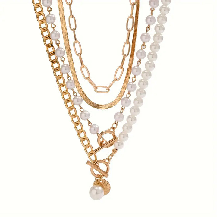 Collar vintage de cuentas perladas y cadena · Dorado
