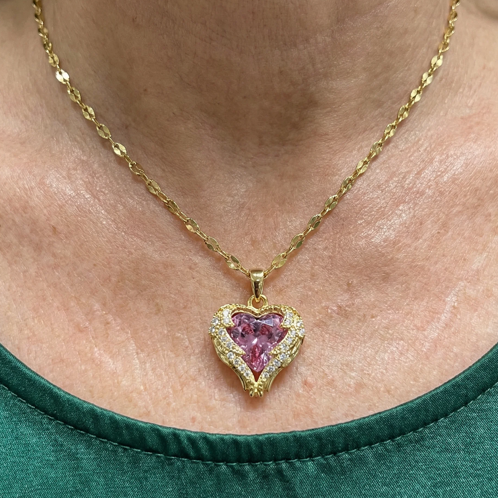 Collar de corazón rosa Abrazo de ángel · Dorado