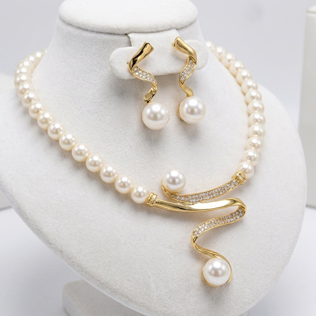 Conjunto regalo perlado: collar y pendientes · Dorado