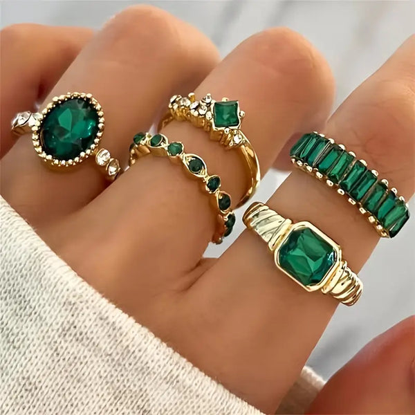Set de anillos verde esmeralda · Dorado