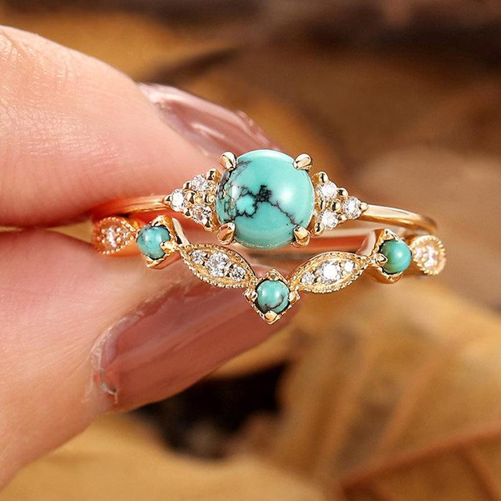 Set de anillos corona turquesa · Dorado