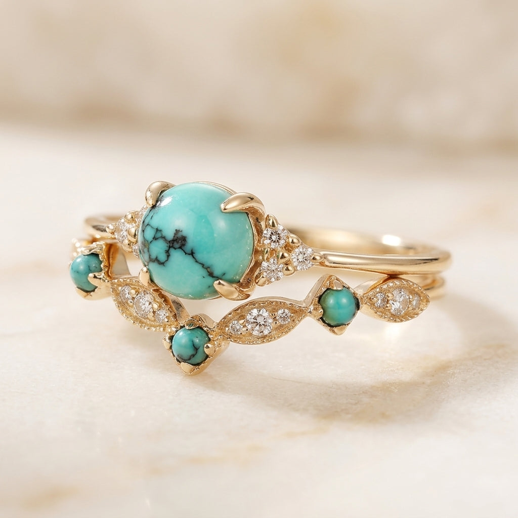Set de anillos corona turquesa · Dorado