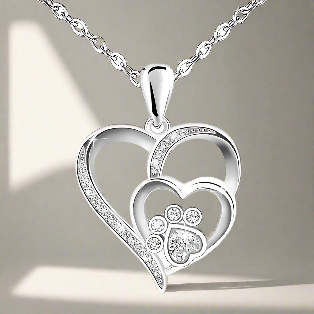 Collar de doble corazón con huella y brillos · Plateado