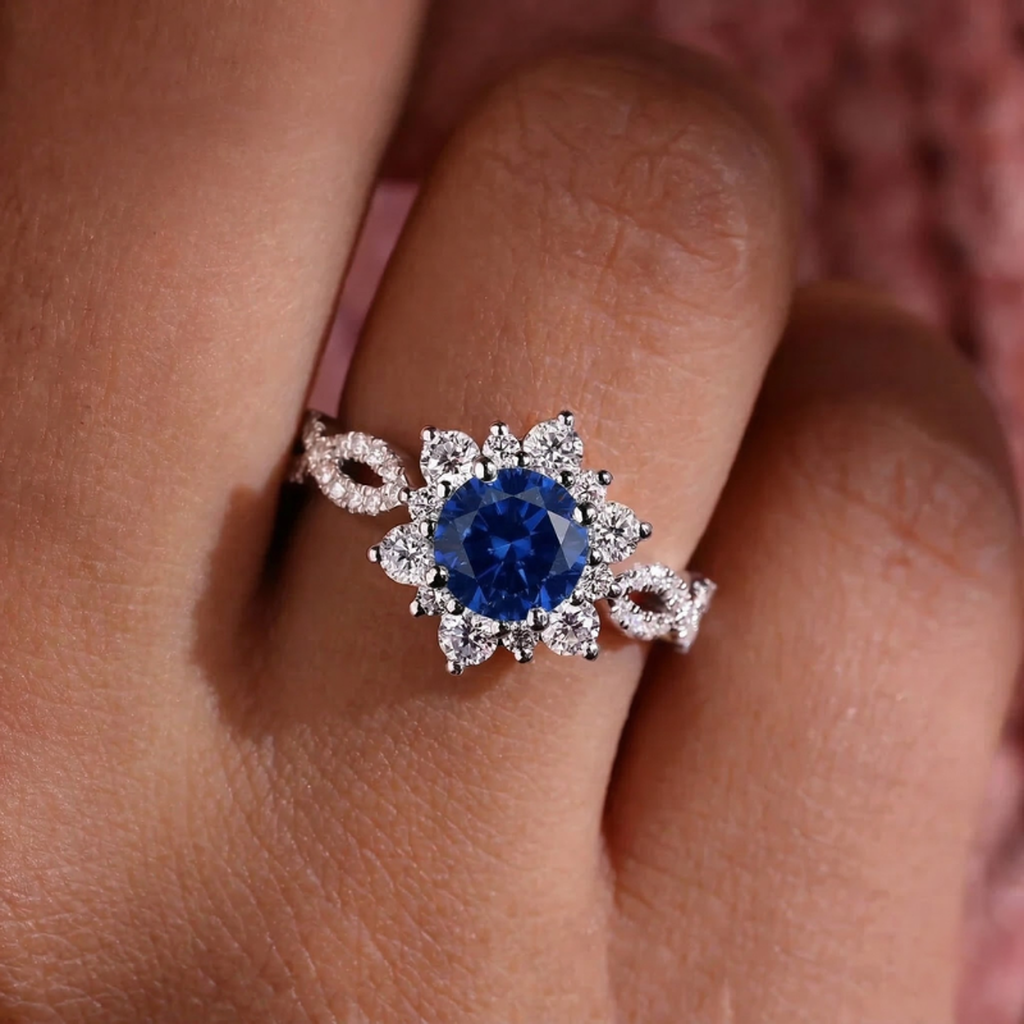Anillo de flor con cristal azul zafiro · Plateado
