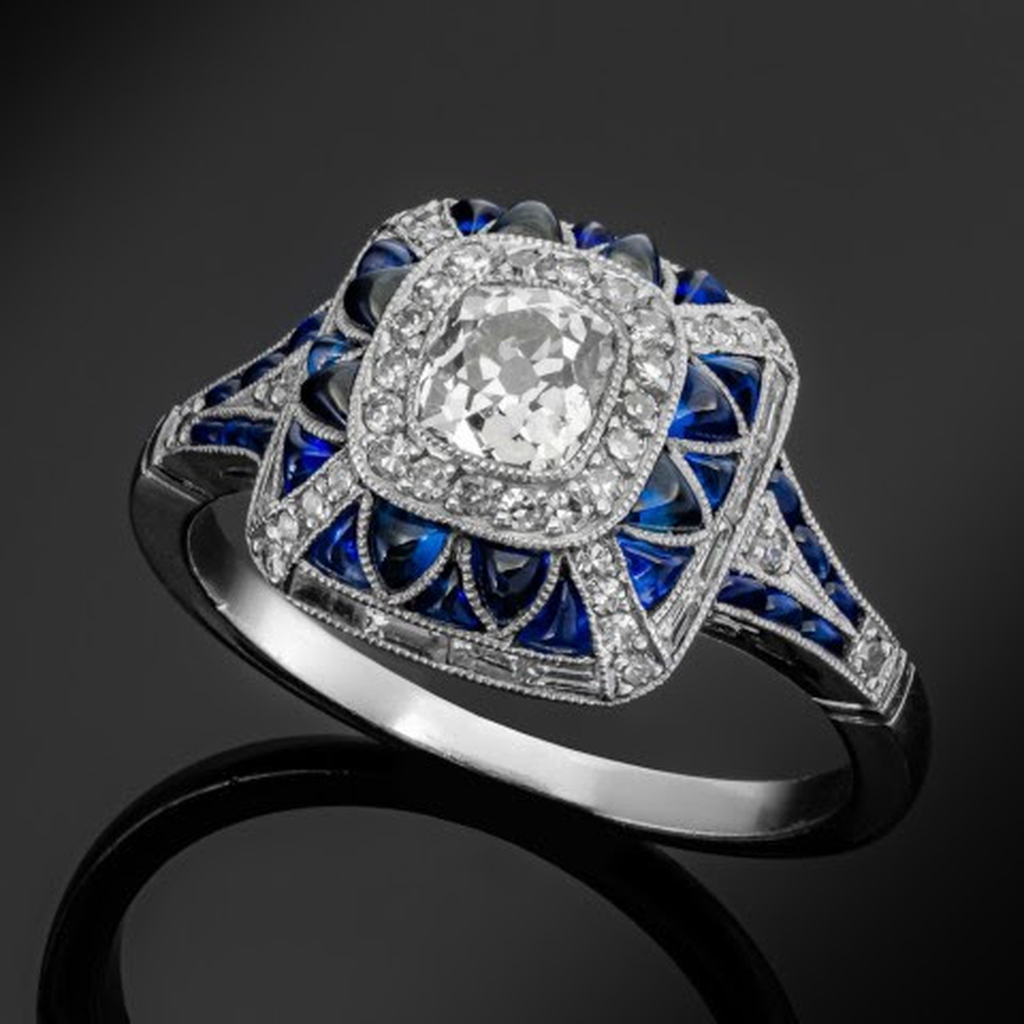Anillo cuadrado azul intenso · Plateado