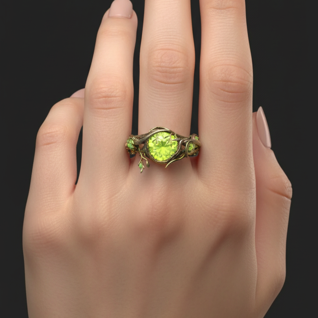 Anillo de ramas con piedra verde iridiscente · Dorado