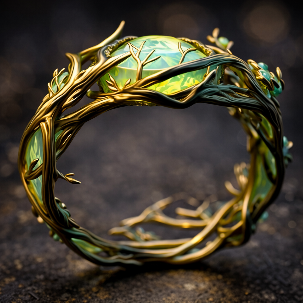 Anillo de ramas con piedra verde iridiscente · Dorado