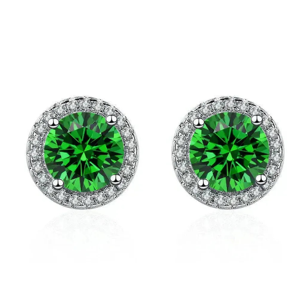 Pendientes de botón verde esmeralda con halo · Plateado