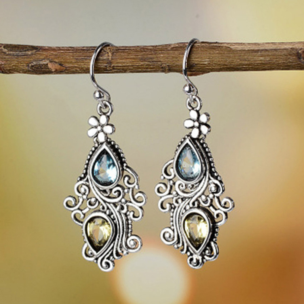 Pendientes retro de filigrana azul y amarillo · Plateado
