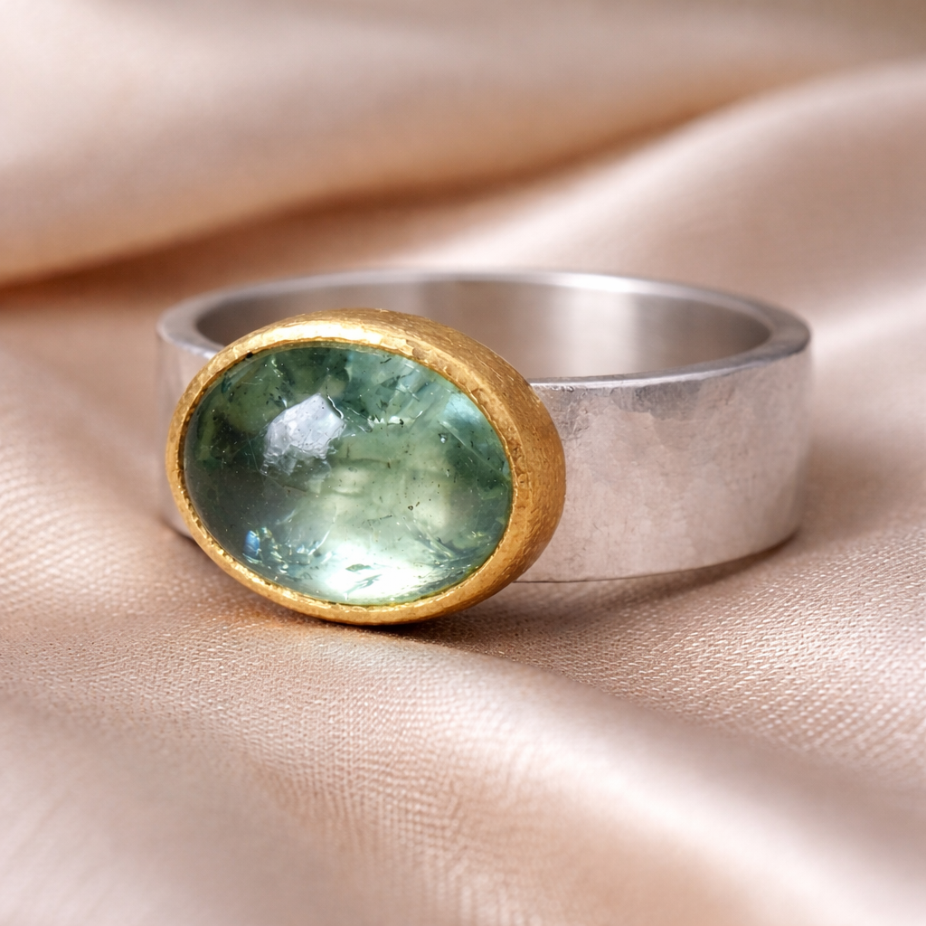Anillo retro con piedra verde ovalada · Bicolor