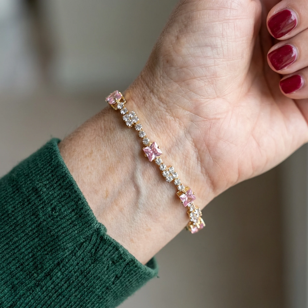 Pulsera tenis de cuadrados rosa · Dorado