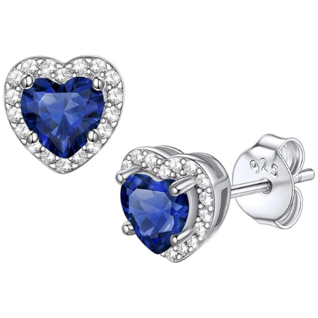 Pendientes de botón de corazón azul zafiro · Plateado