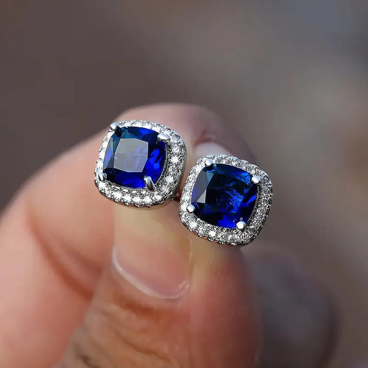 Pendientes de botón cuadrados azul zafiro · Plateado