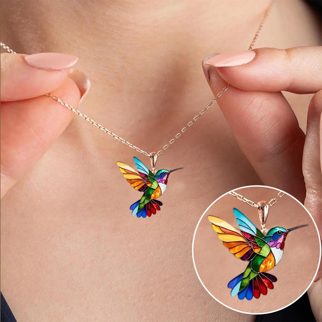 Conjunto collar y pendientes colibrí multicolor · Plateado
