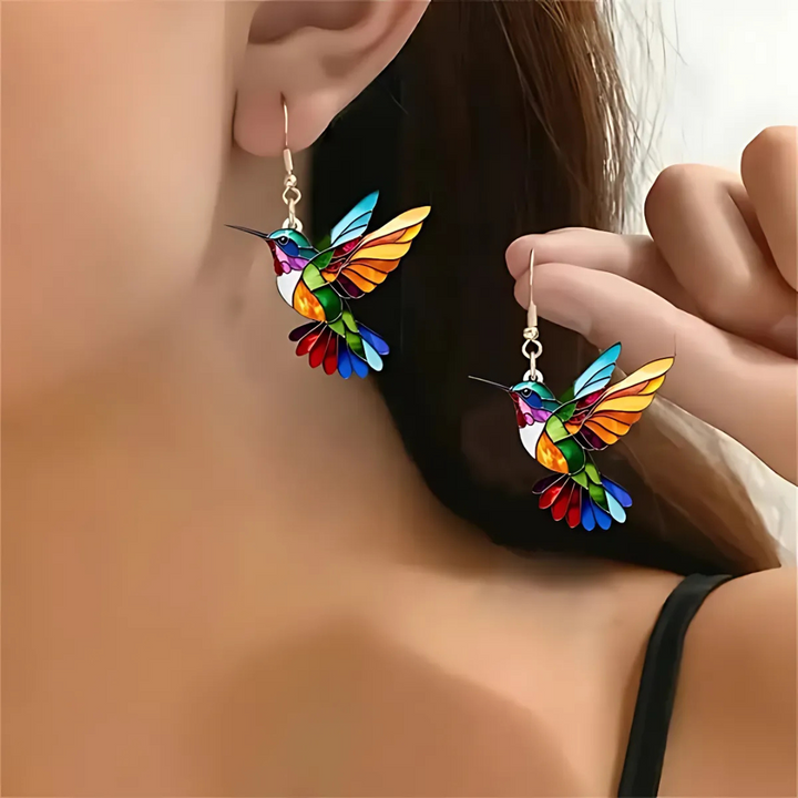 Conjunto collar y pendientes colibrí multicolor · Plateado