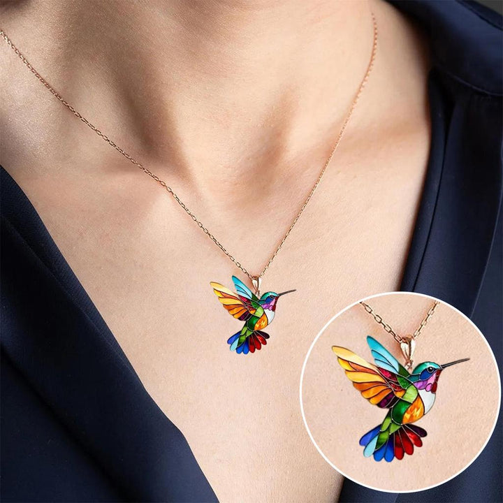 Conjunto collar y pendientes colibrí multicolor · Plateado