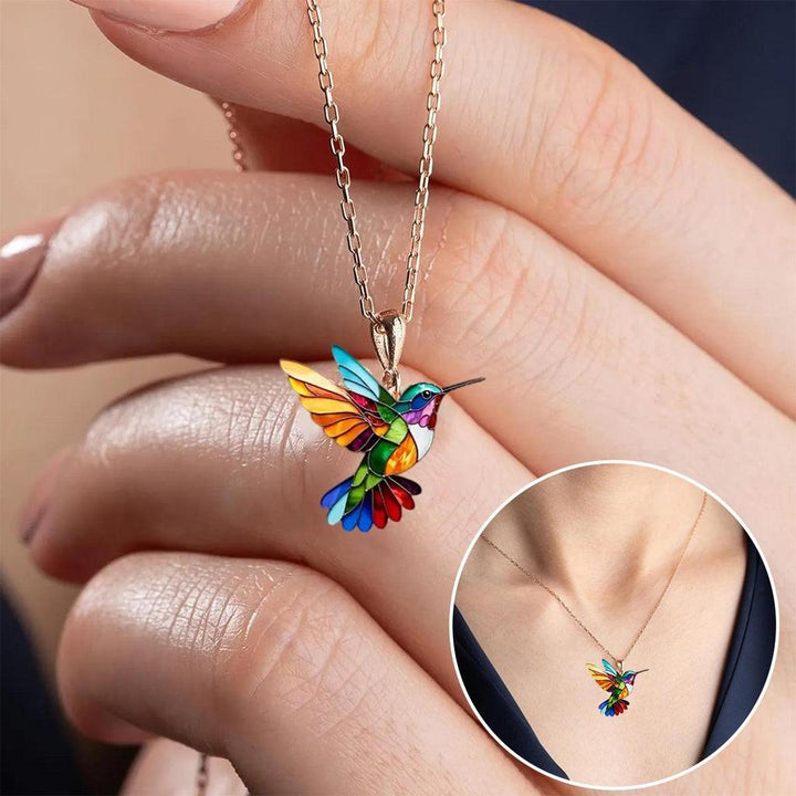 Conjunto collar y pendientes colibrí multicolor · Plateado