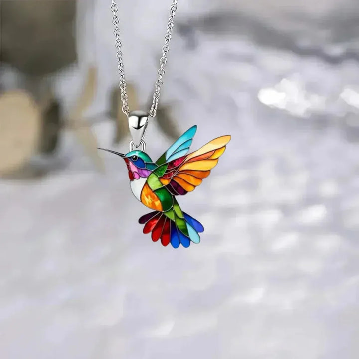 Conjunto collar y pendientes colibrí multicolor · Plateado