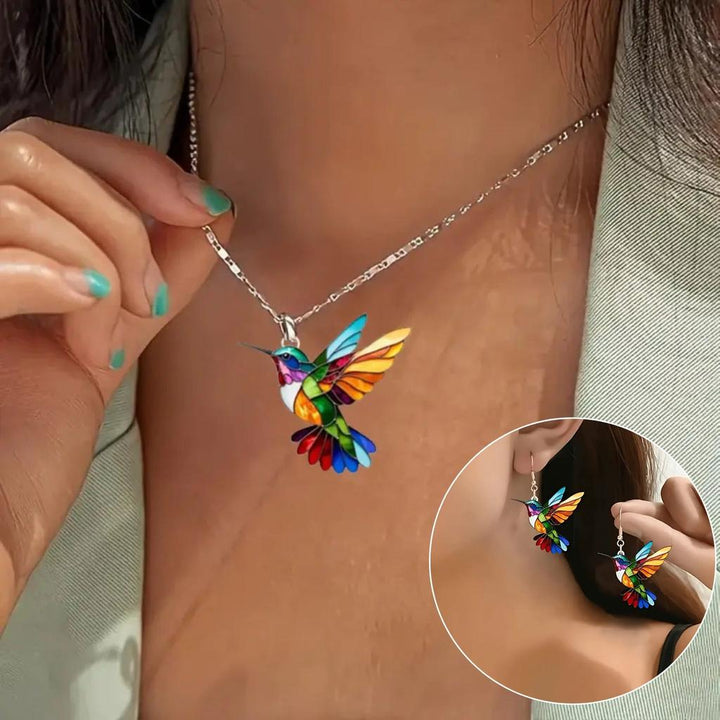 Conjunto collar y pendientes colibrí multicolor · Plateado
