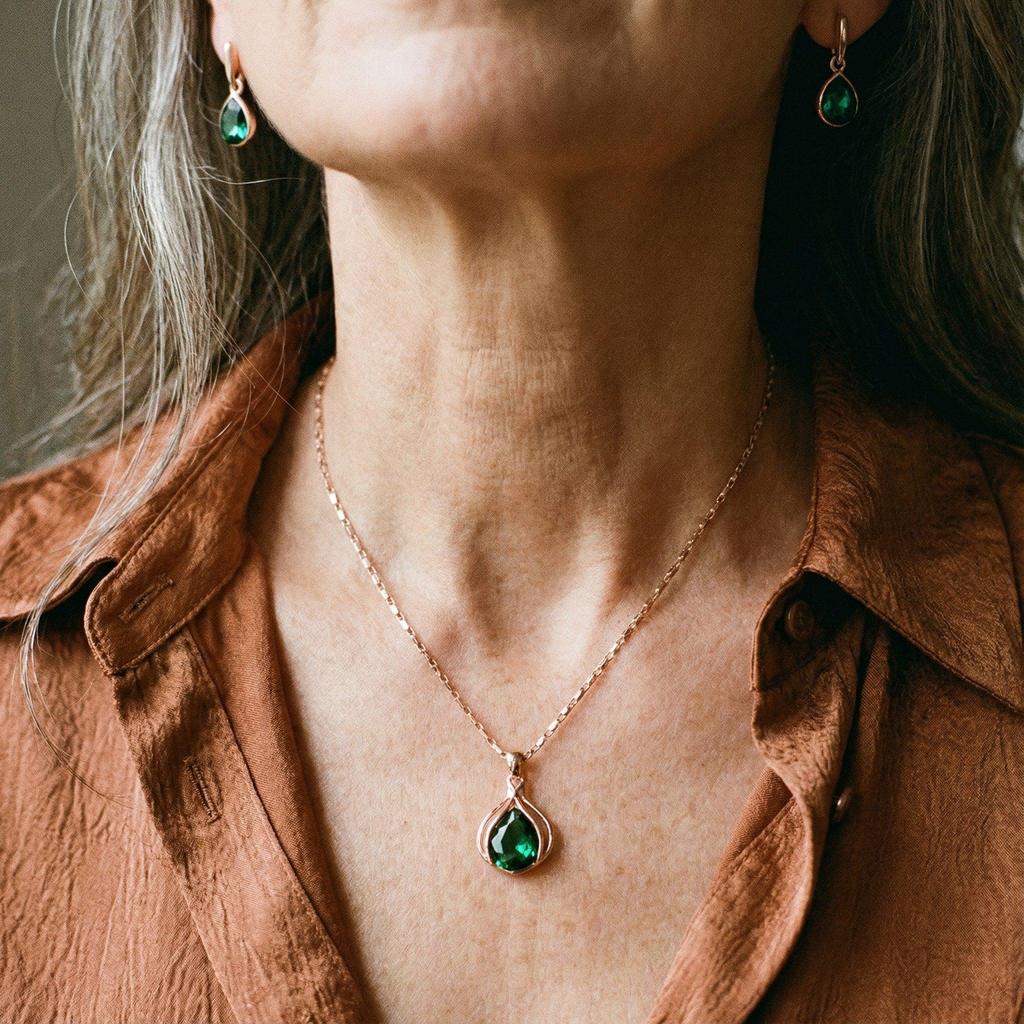 Conjunto de collar y pendientes con cristal verde · Dorado