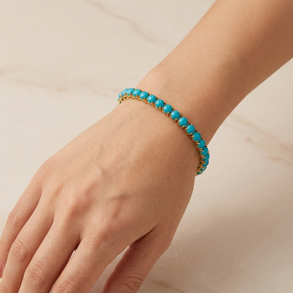Pulsera tenis redonda turquesa · Dorado