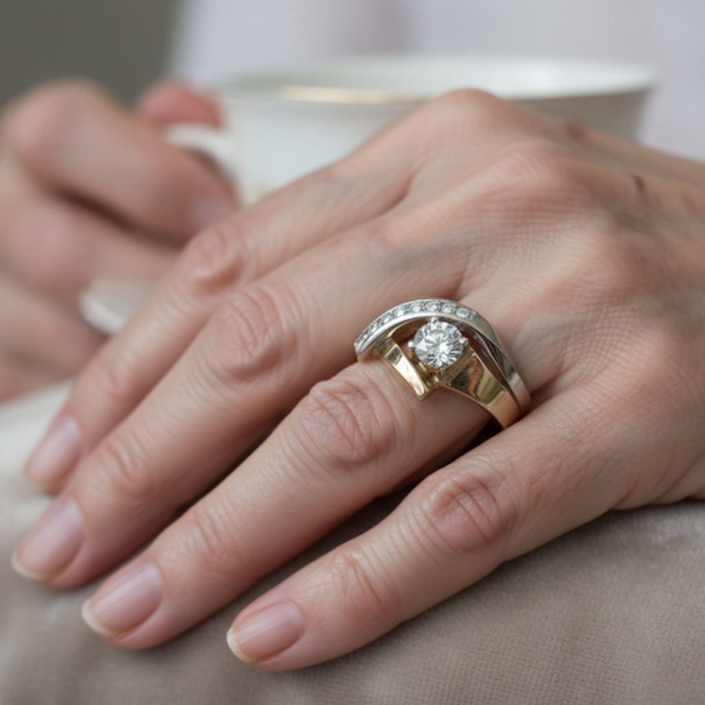 Anillo vintage irregular con brillos · Bicolor