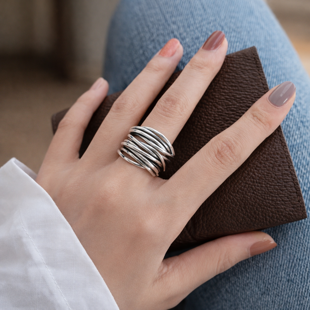 Anillo ancho de varias bandas ajustable · Plateado