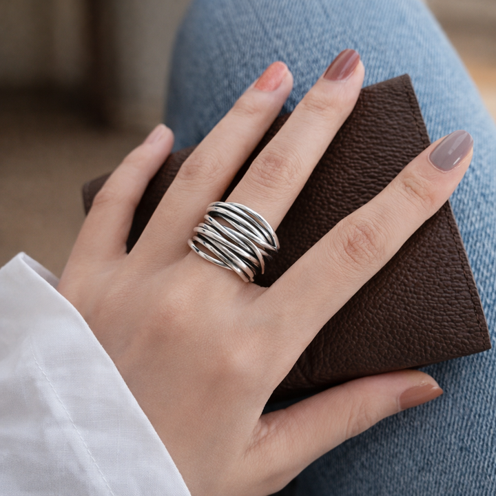 Anillo ancho de varias bandas ajustable · Plateado