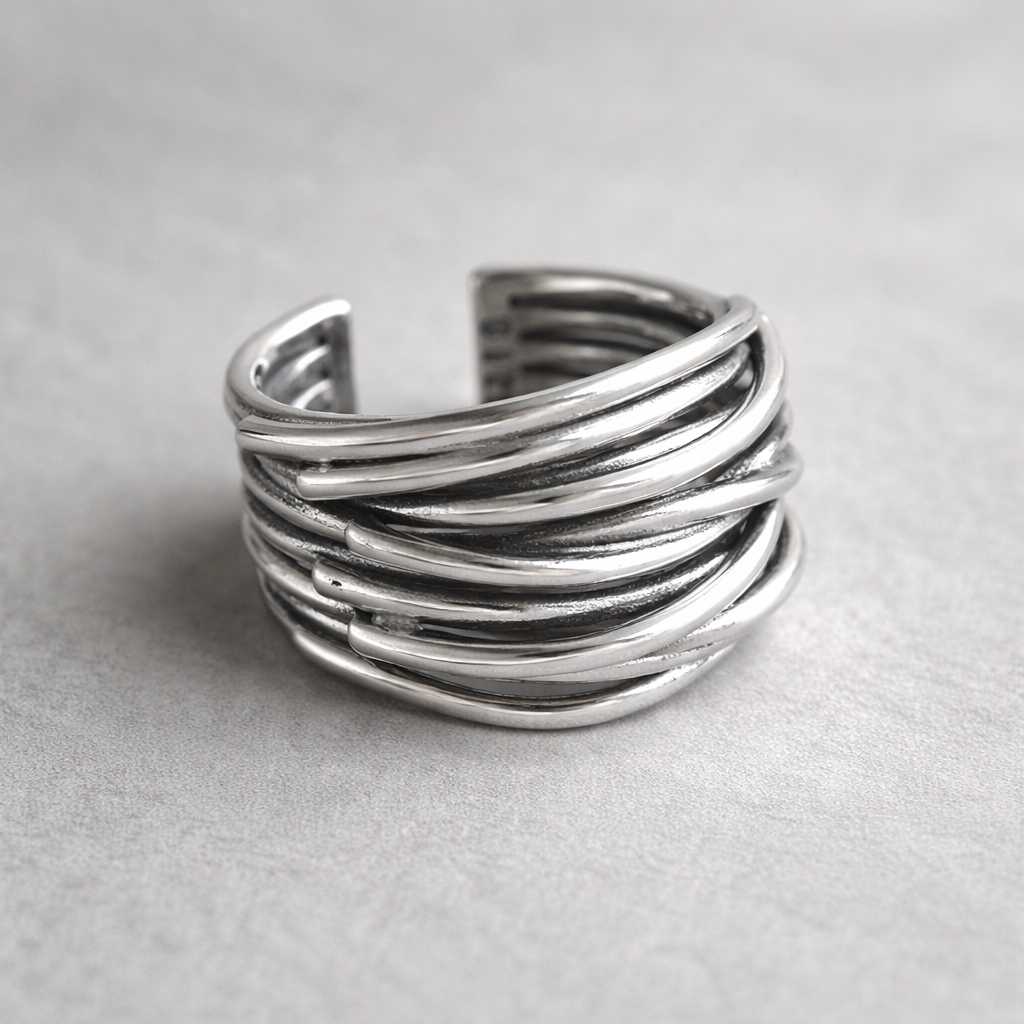 Anillo ancho de varias bandas ajustable · Plateado