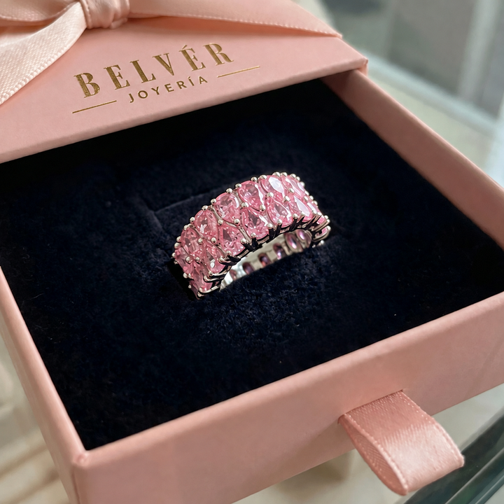Anillo cascada de brillos rosas · Plateado