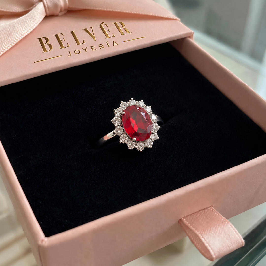 Anillo corona Escarlata rojo rubí · Plateado