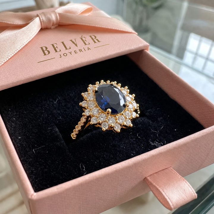 Anillo halo azul con brillos · Dorado o plateado