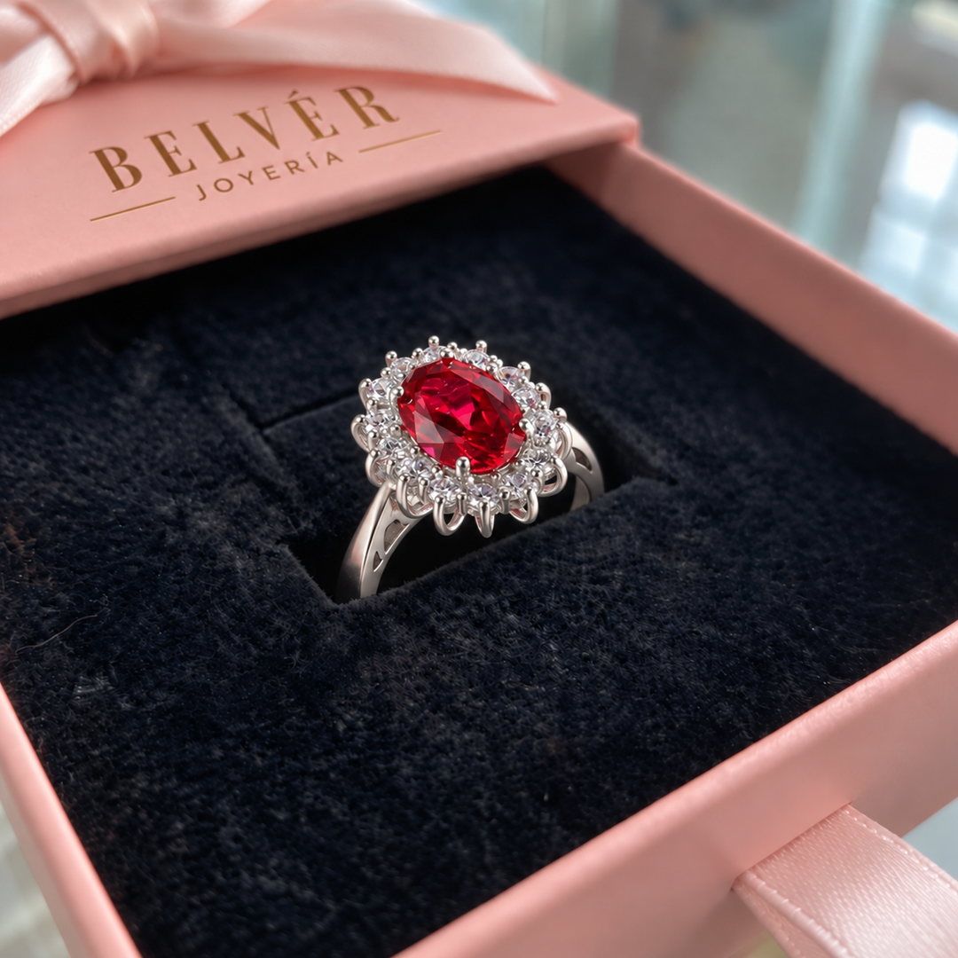 Anillo halo rojo con brillos · Plateado